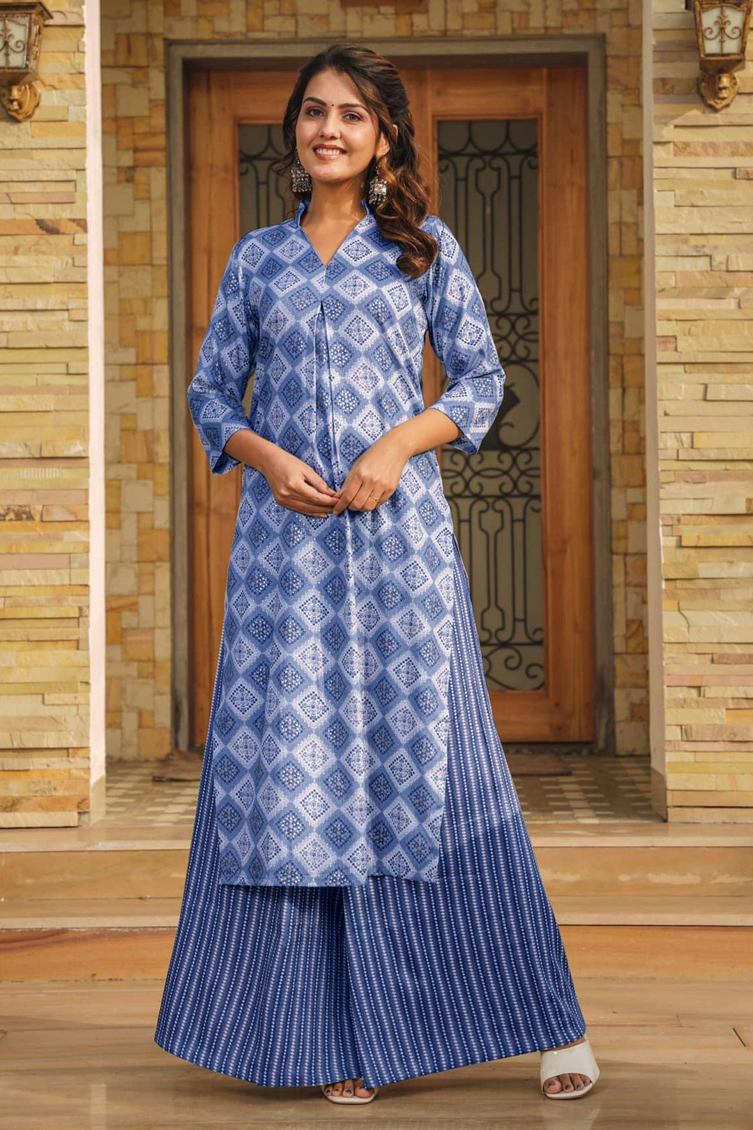 Digital Printed Work On Blue Color Rayon Fabric Riveting Kurti With Bottom | Buy Online India