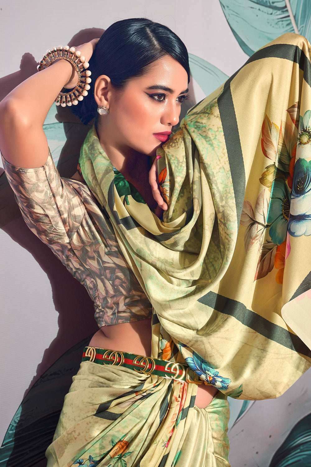 Embellished Green Color Digital Printed Satin Fabric Saree | Buy Online India