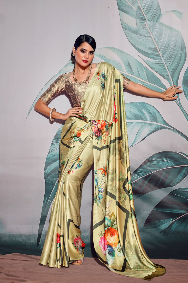 Embellished Green Color Digital Printed Satin Fabric Saree | Buy Online India