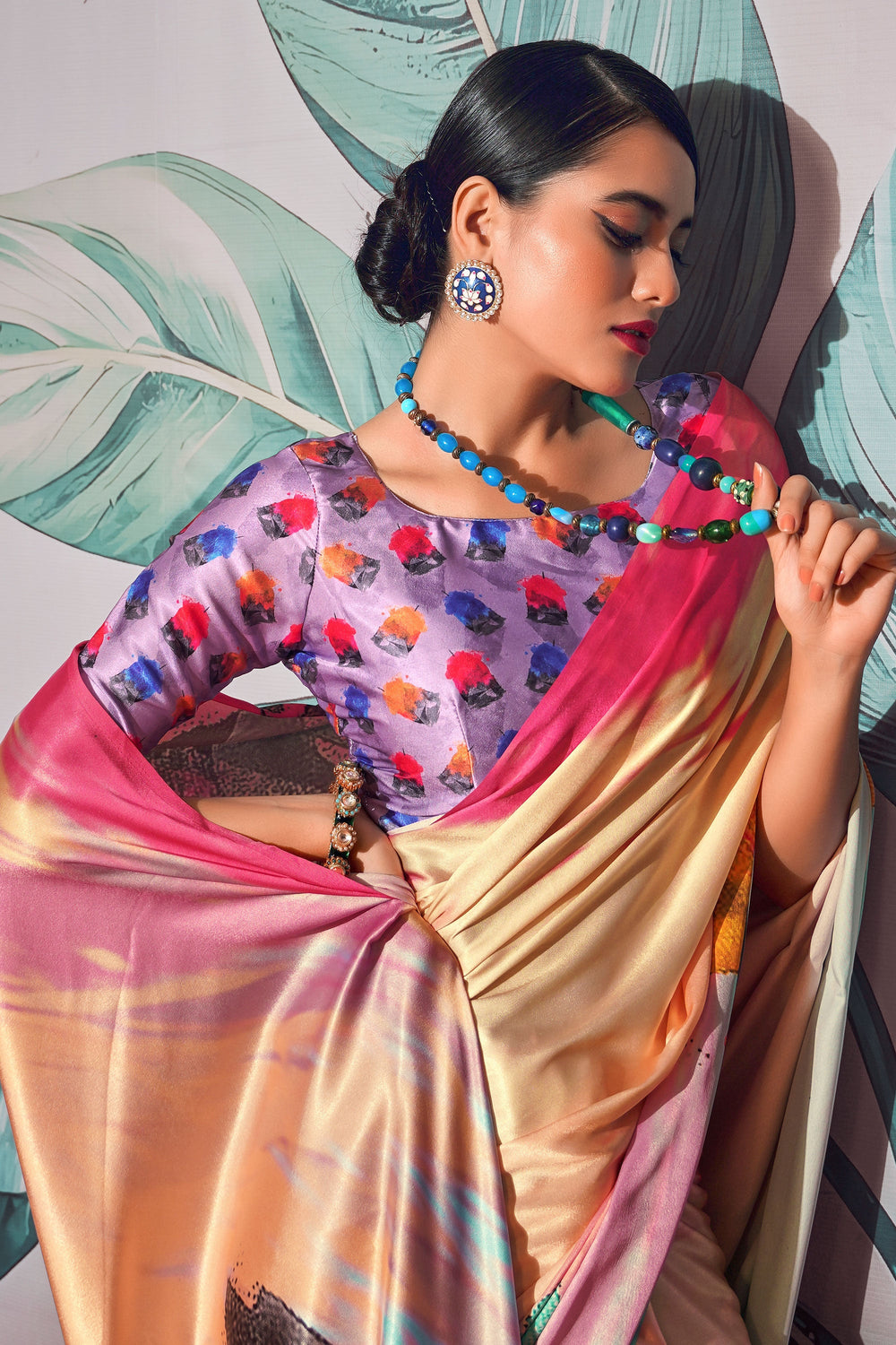 Ingenious Digital Printed Cream Color Satin Fabric Saree | Buy Online India
