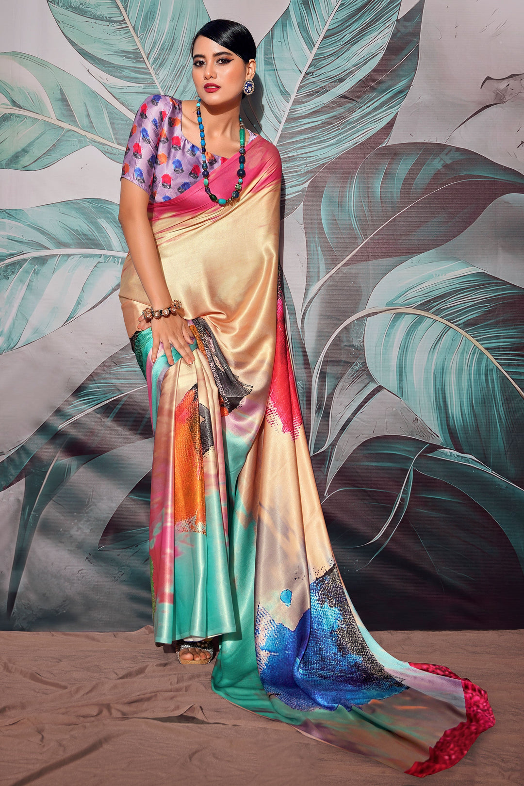 Ingenious Digital Printed Cream Color Satin Fabric Saree | Buy Online India