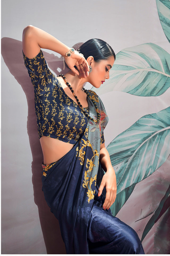 Phenomenal Digital Printed Navy Blue Color Satin Fabric Saree | Buy Online India