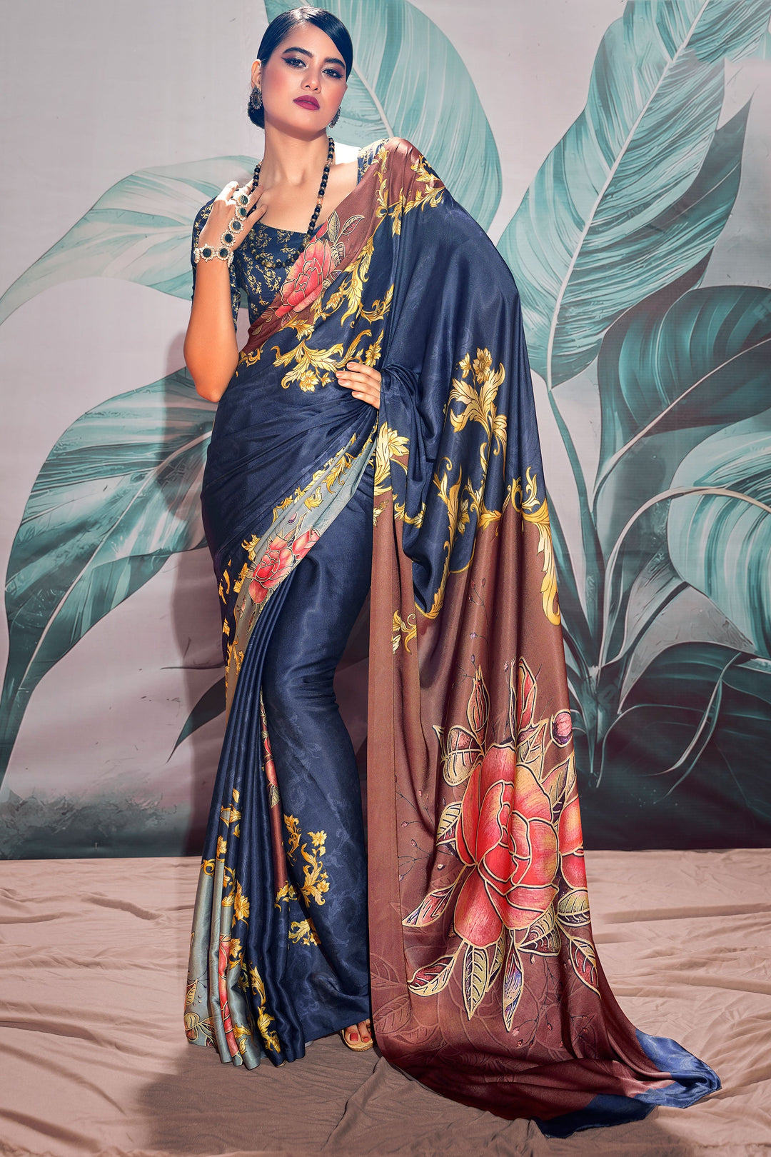 Phenomenal Digital Printed Navy Blue Color Satin Fabric Saree | Buy Online India