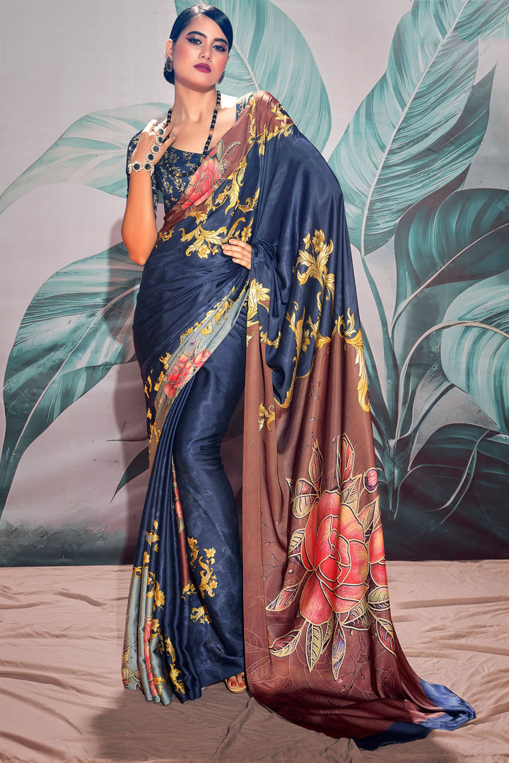 Phenomenal Digital Printed Navy Blue Color Satin Fabric Saree | Buy Online India