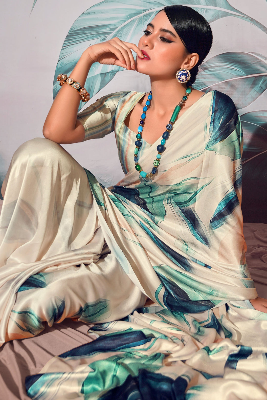 Fashionable Beige Color Digital Printed Satin Fabric Saree | Buy Online India