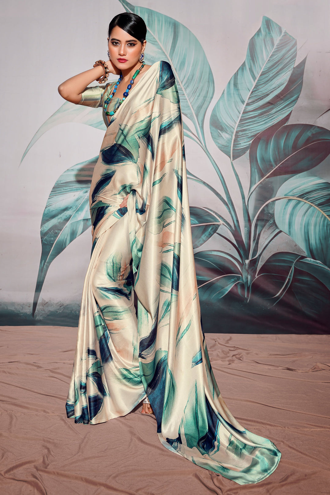 Fashionable Beige Color Digital Printed Satin Fabric Saree | Buy Online India