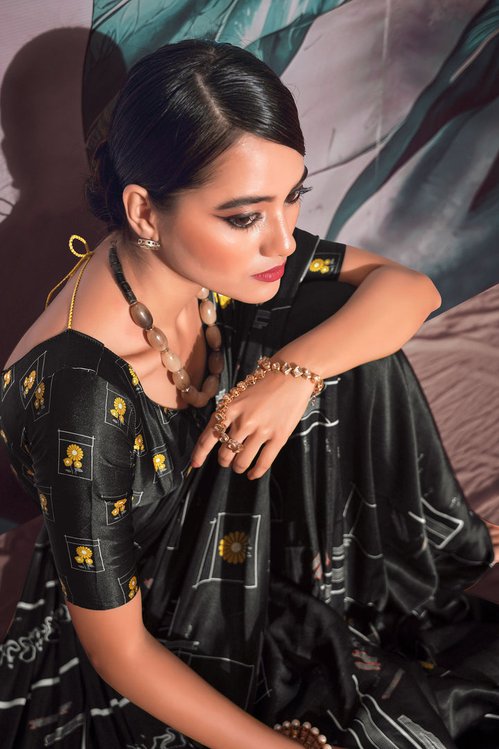 Glamorous Black Color Digital Printed Satin Fabric Saree | Buy Online India