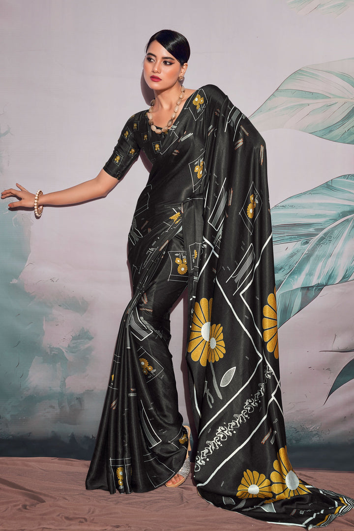 Glamorous Black Color Digital Printed Satin Fabric Saree | Buy Online India