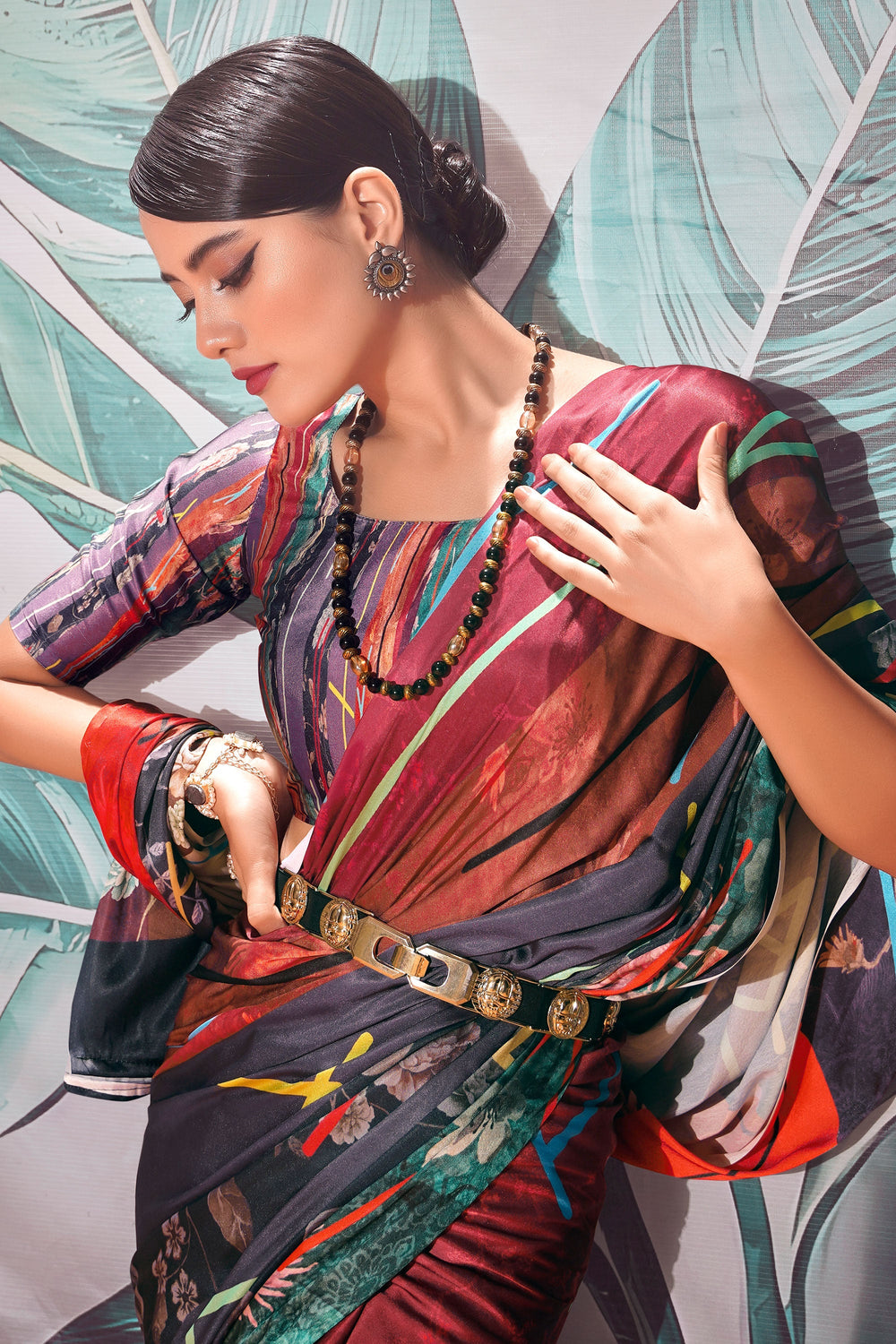 Multi Color Gorgeous Digital Printed Satin Fabric Saree | Buy Online India