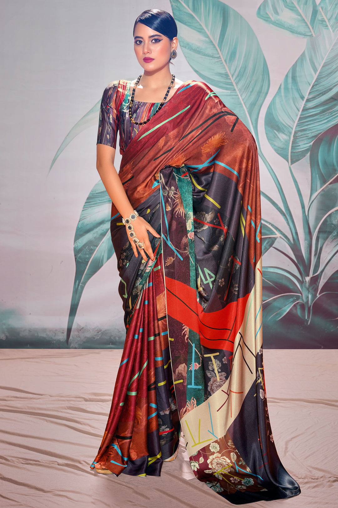 Multi Color Gorgeous Digital Printed Satin Fabric Saree | Buy Online India