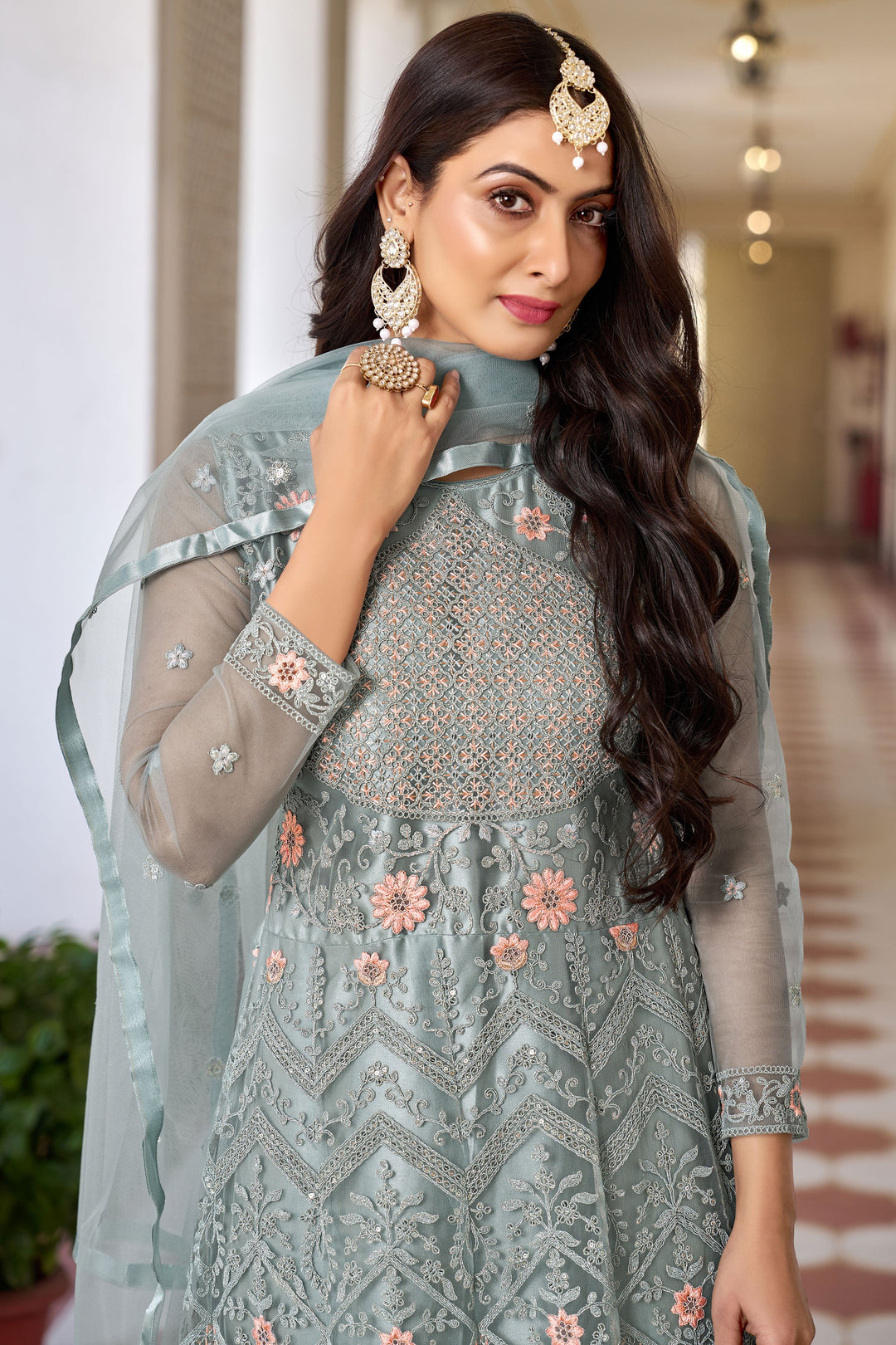 Fascinating Light Cyan Color Net Fabric Sangeet Style Anarkali Suit | Buy Online India