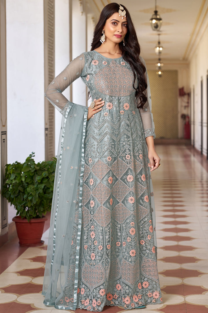 Fascinating Light Cyan Color Net Fabric Sangeet Style Anarkali Suit | Buy Online India