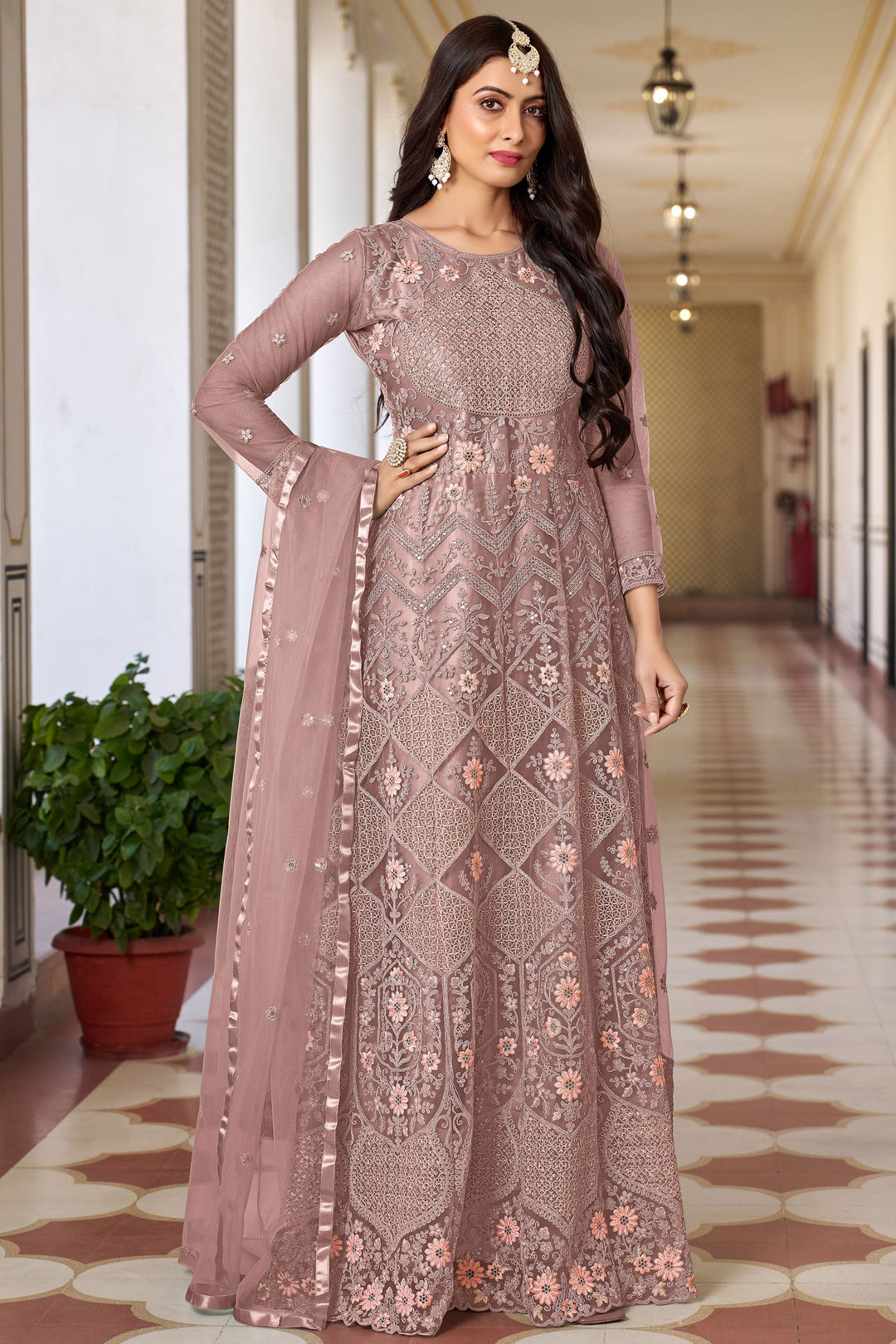 Dazzling Net Fabric Peach Color Sangeet Look Anarkali Suit | Buy Online India