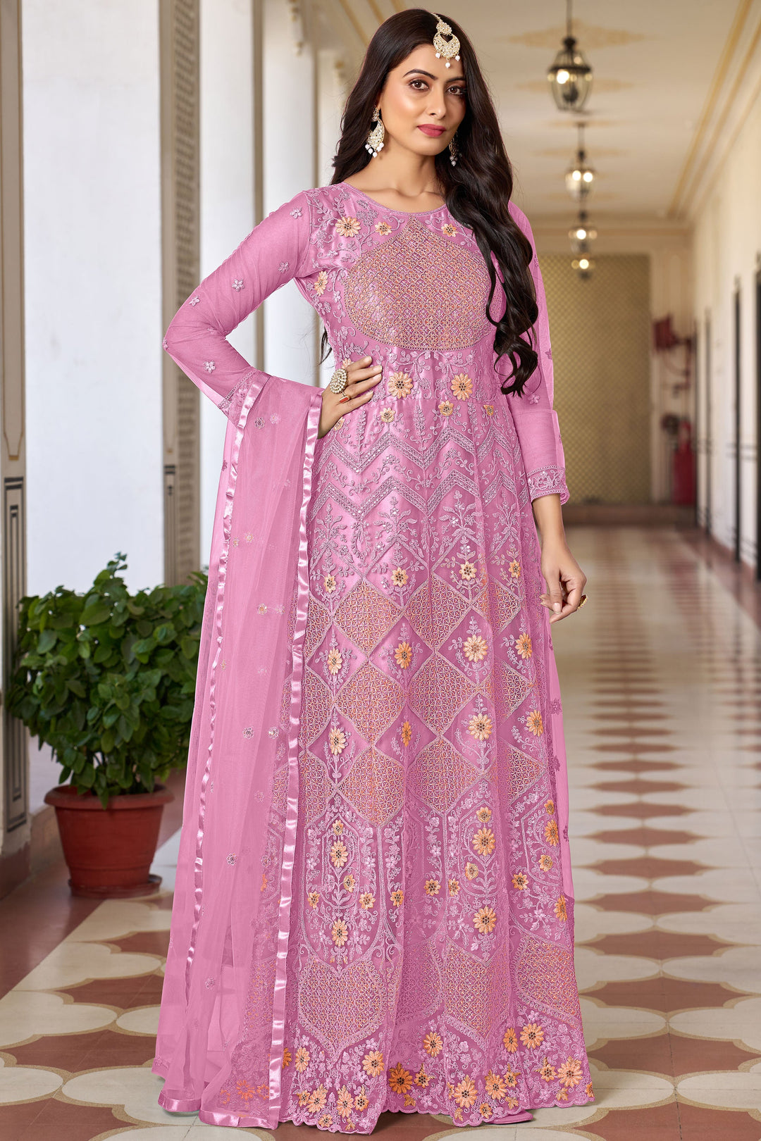 Radiant Pink Color Net Fabric Sangeet Wear Anarkali Suit With Embroidered Work | Buy Online India