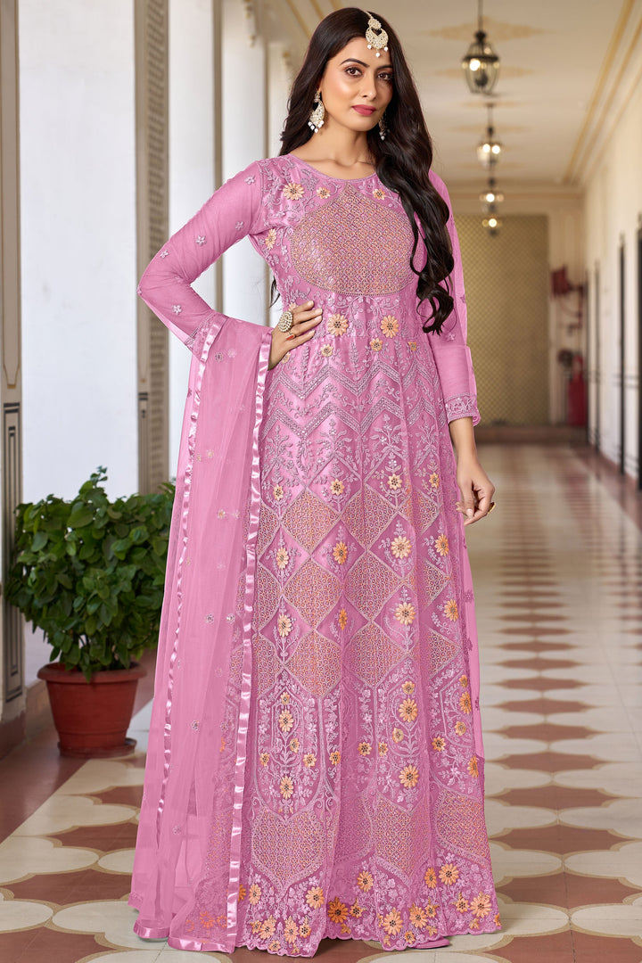 Radiant Pink Color Net Fabric Sangeet Wear Anarkali Suit With Embroidered Work | Buy Online India