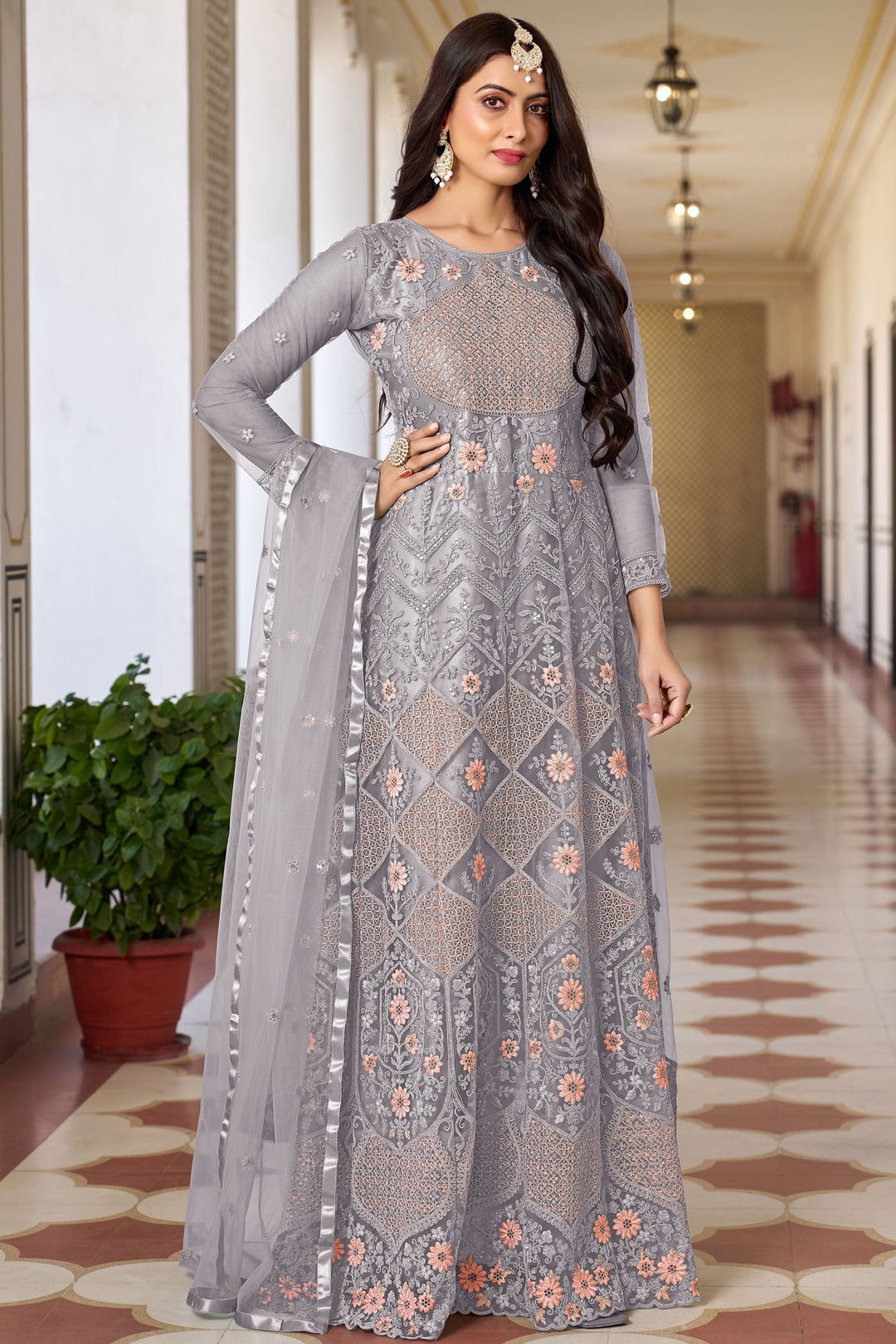 Embroidered Net Fabric Grey Color Excellent Sangeet Wear Anarkali Suit | Buy Online India