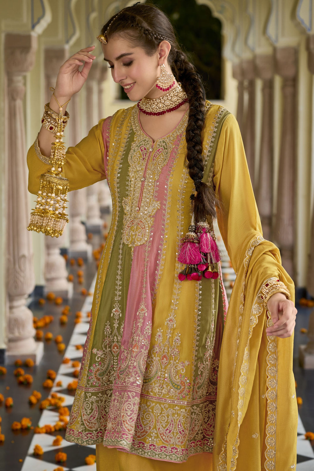 Attractive Embroidered Chinon Fabric Salwar Suit In Yellow Color | Buy Online India