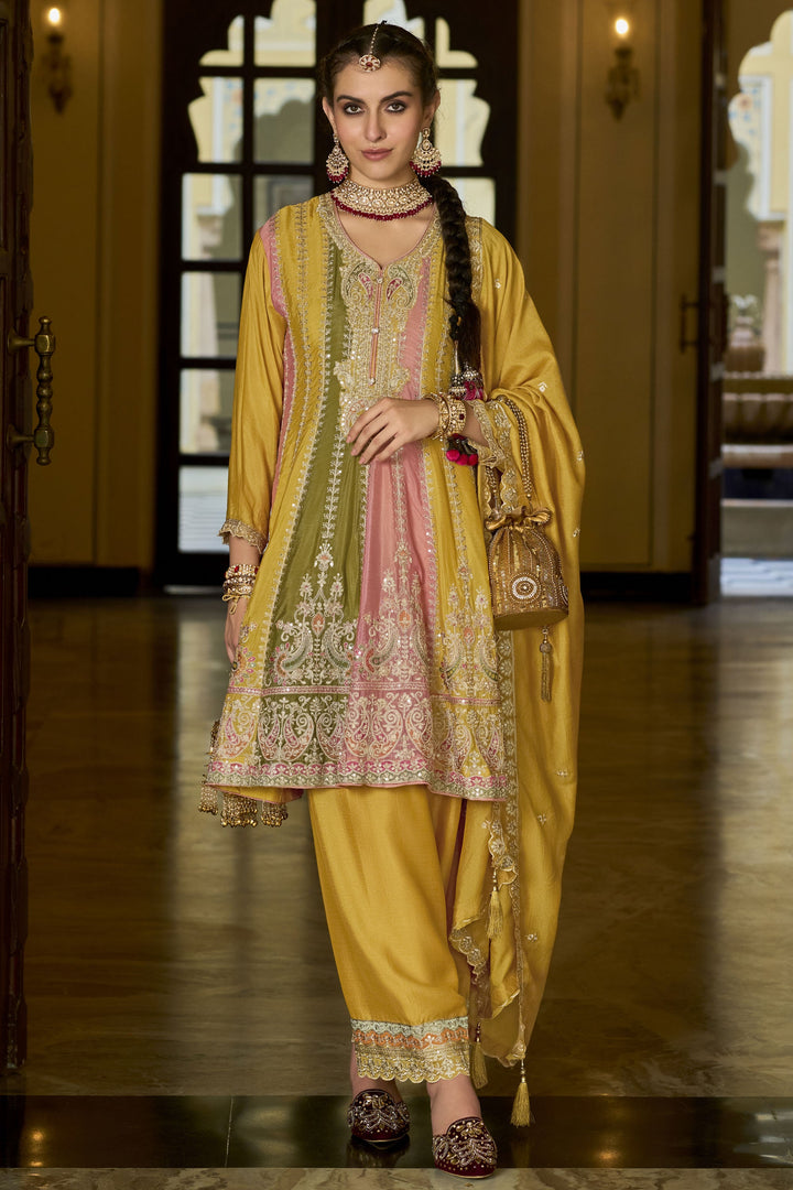 Attractive Embroidered Chinon Fabric Salwar Suit In Yellow Color | Buy Online India