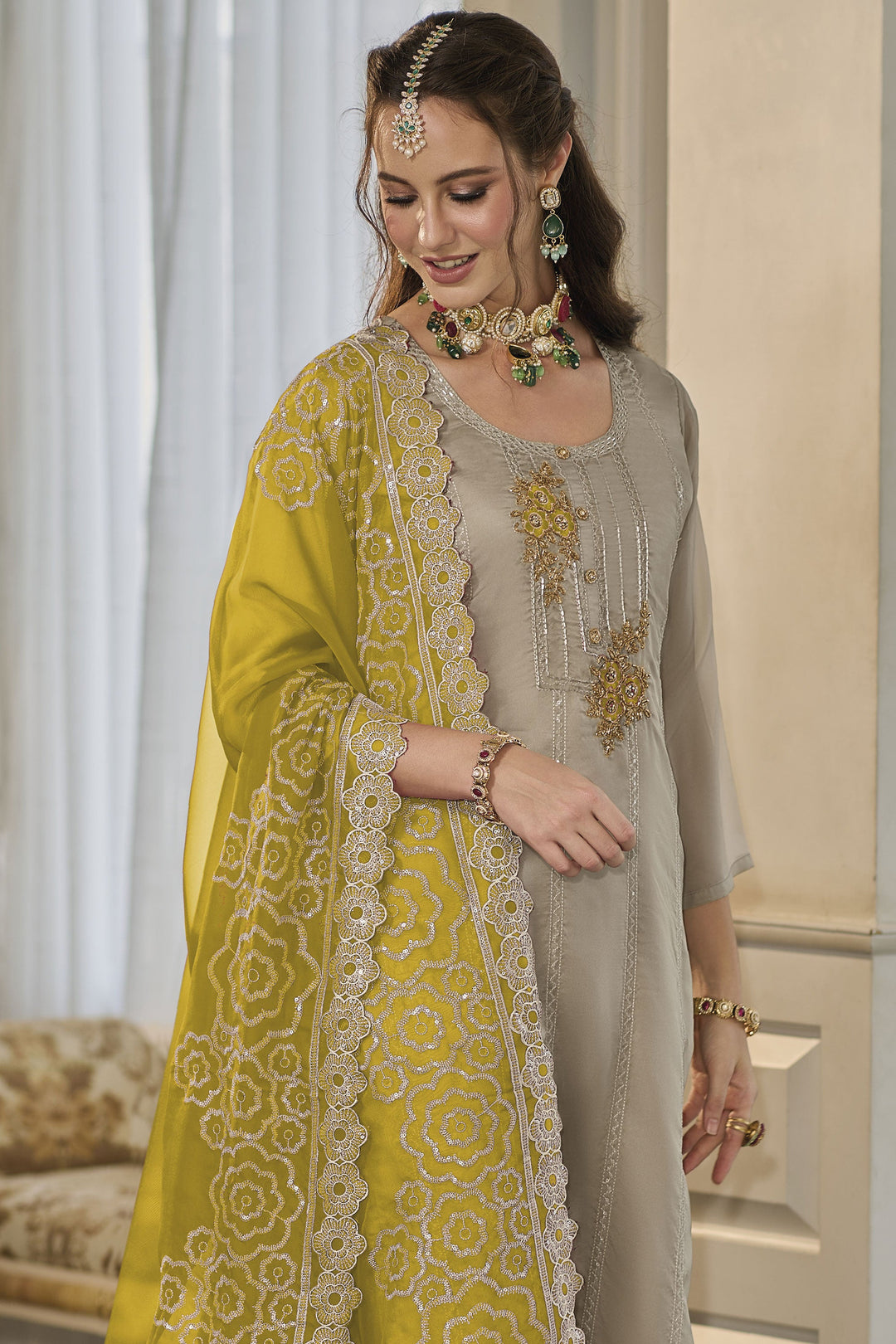 Heavy Organza Fabric Dark Beige Color Readymade Salwar Suit | Buy Online India