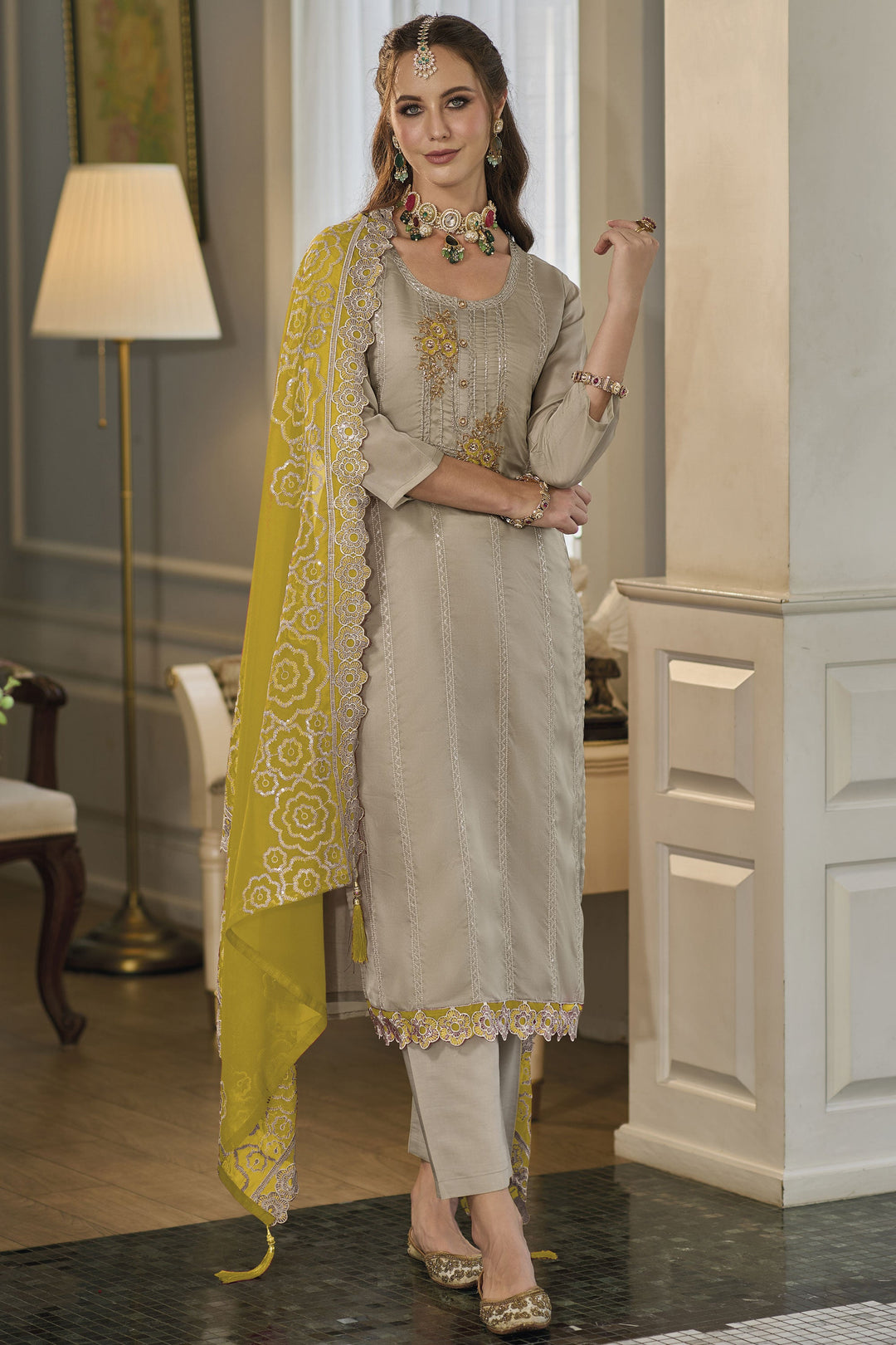 Heavy Organza Fabric Dark Beige Color Readymade Salwar Suit | Buy Online India