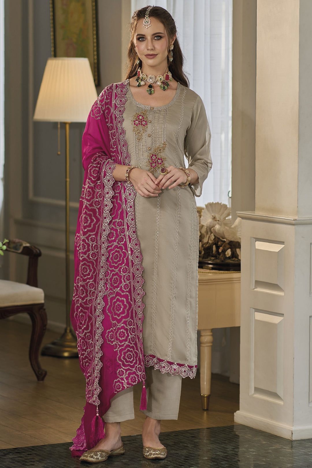 Trendy Organza Fabric Dark Beige Color Readymade Salwar Suit | Buy Online India