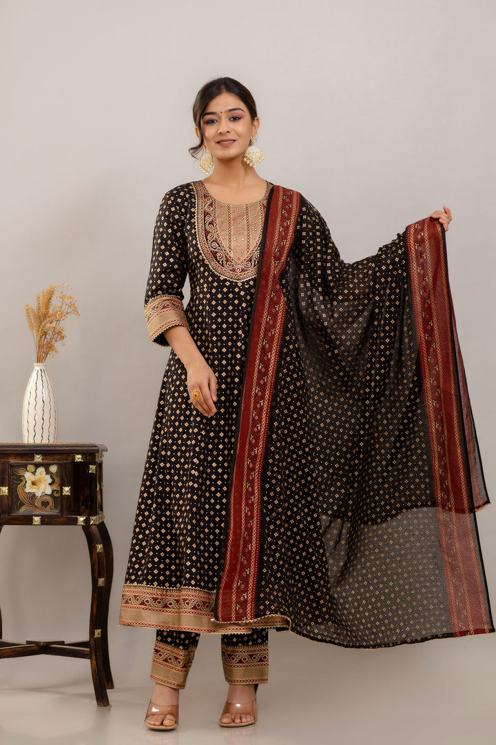 Elegant Black Color Rayon Readymade Salwar Suit with Printed Work | Buy Online India