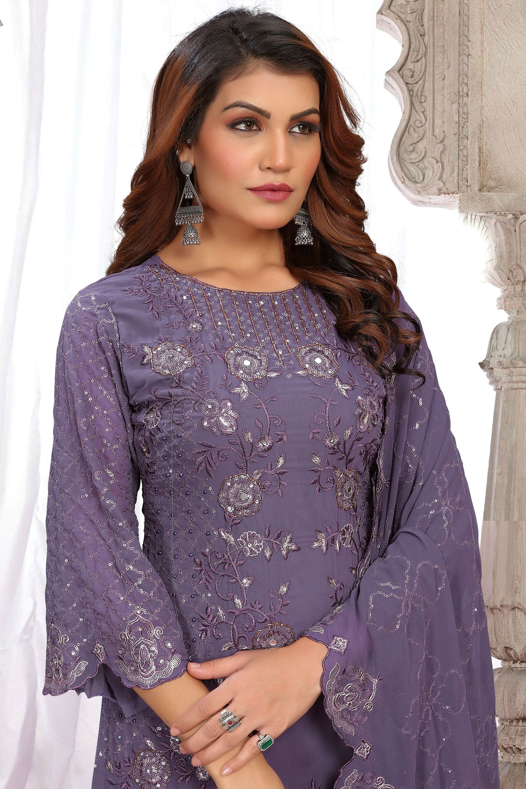 Georgette Fabric Lavender Color Embroidered Sequins Work Winsome Salwar Suit | Buy Online India