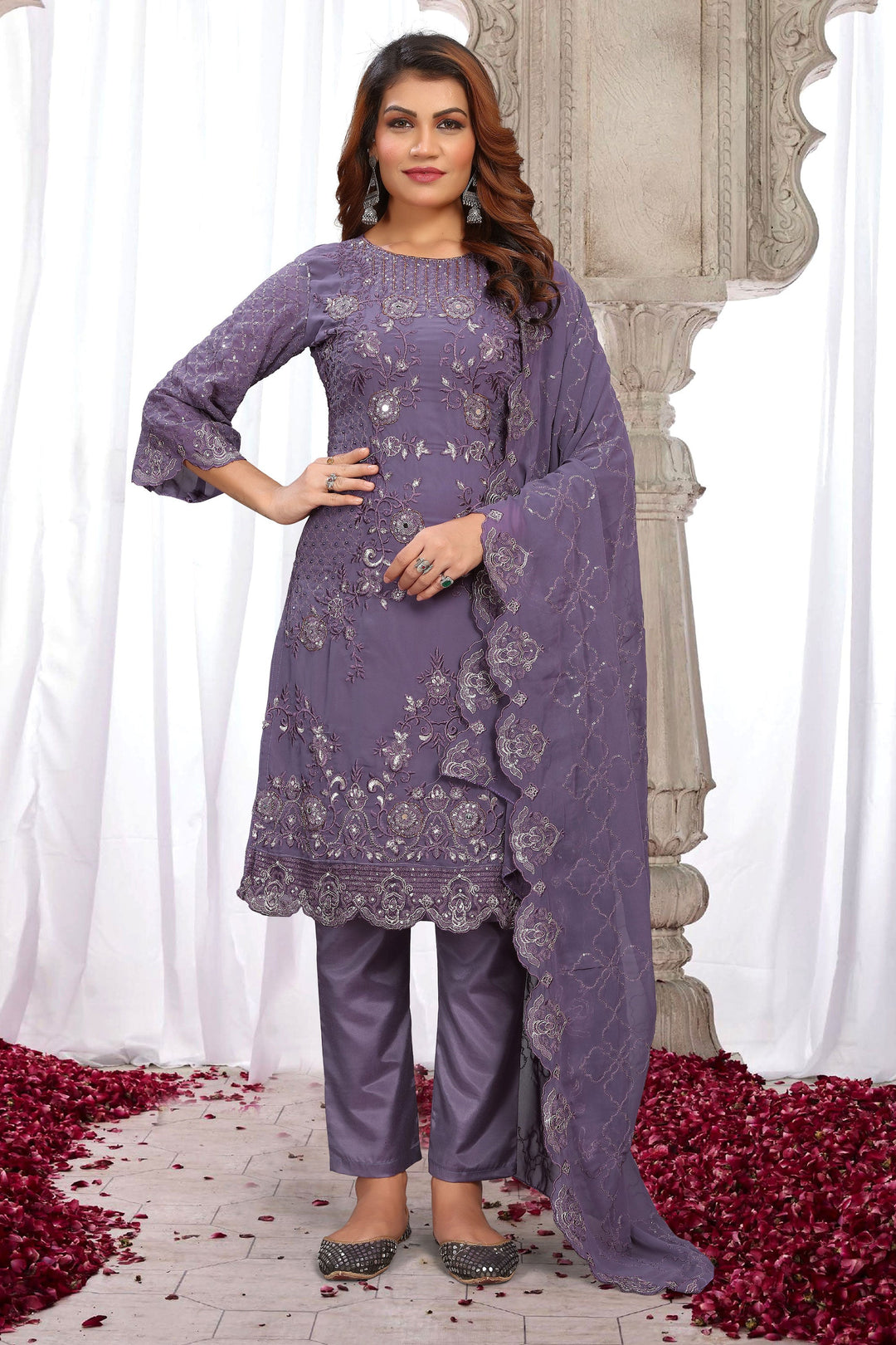 Georgette Fabric Lavender Color Embroidered Sequins Work Winsome Salwar Suit | Buy Online India