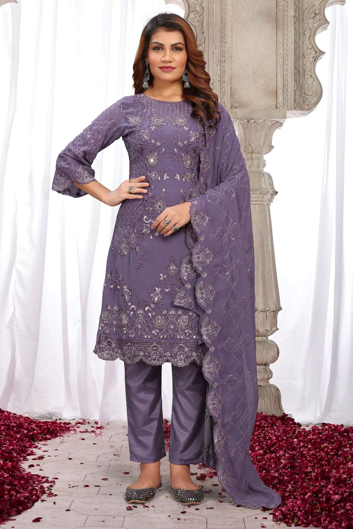 Georgette Fabric Lavender Color Embroidered Sequins Work Winsome Salwar Suit | Buy Online India