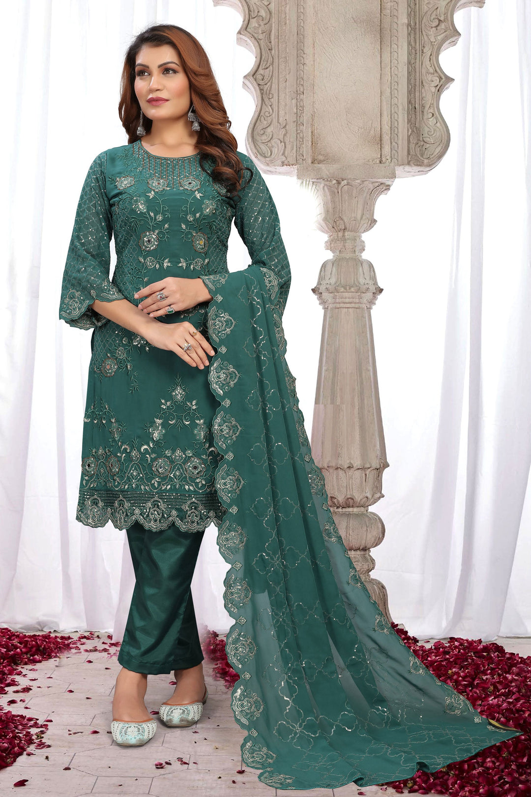 Teal Color Georgette Fabric Embroidered Sequins Work Awesome Salwar Suit | Buy Online India