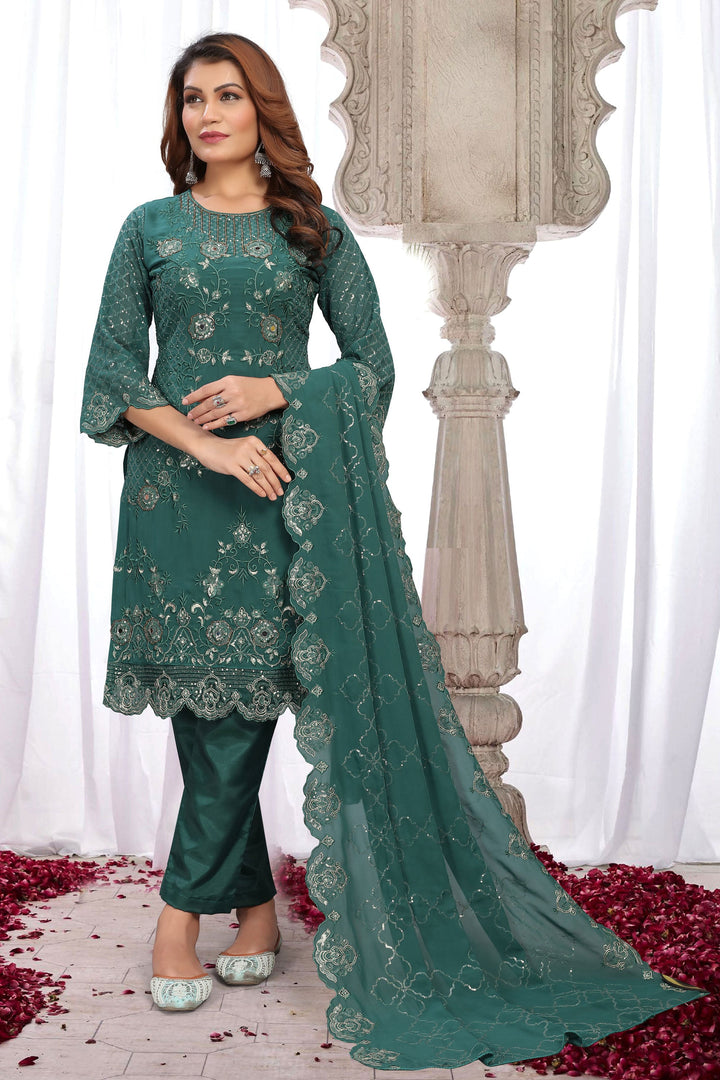 Teal Color Georgette Fabric Embroidered Sequins Work Awesome Salwar Suit | Buy Online India