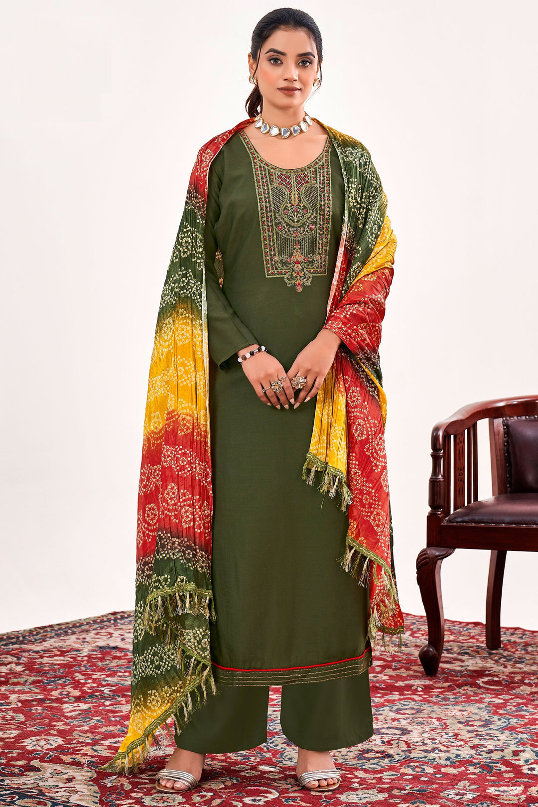 Mehendi Green Color Rayon Fabric Alluring Casual Salwar Suit | Buy Online India