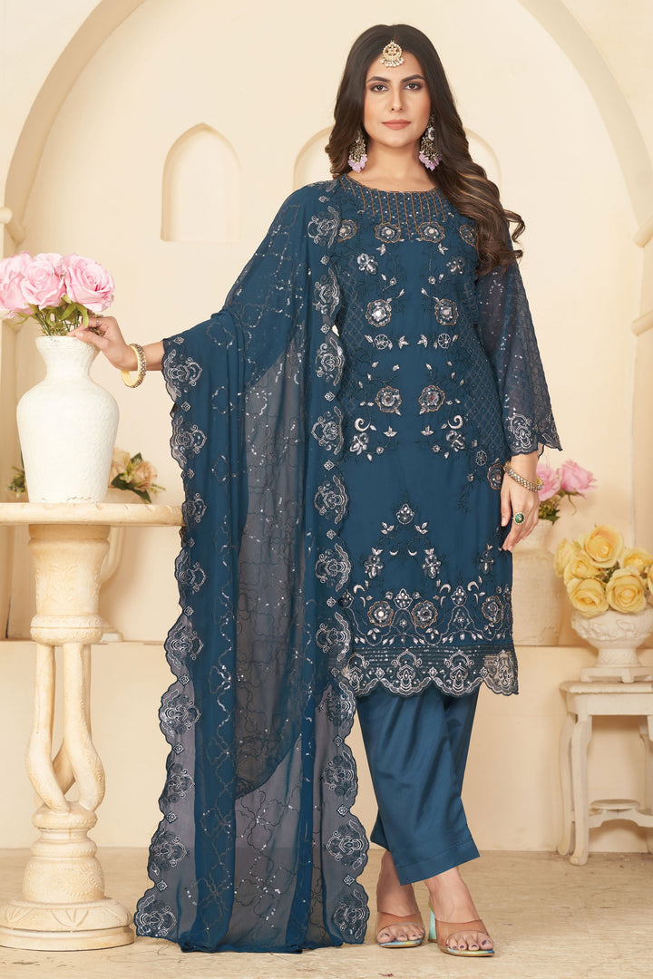 Teal Color Georgette Fabric Tempting Festive Look Salwar Suit | Buy Online India