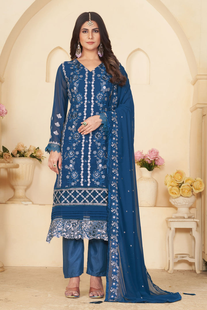 Georgette Fabric Blue Color Supreme Festive Look Salwar Suit | Buy Online India