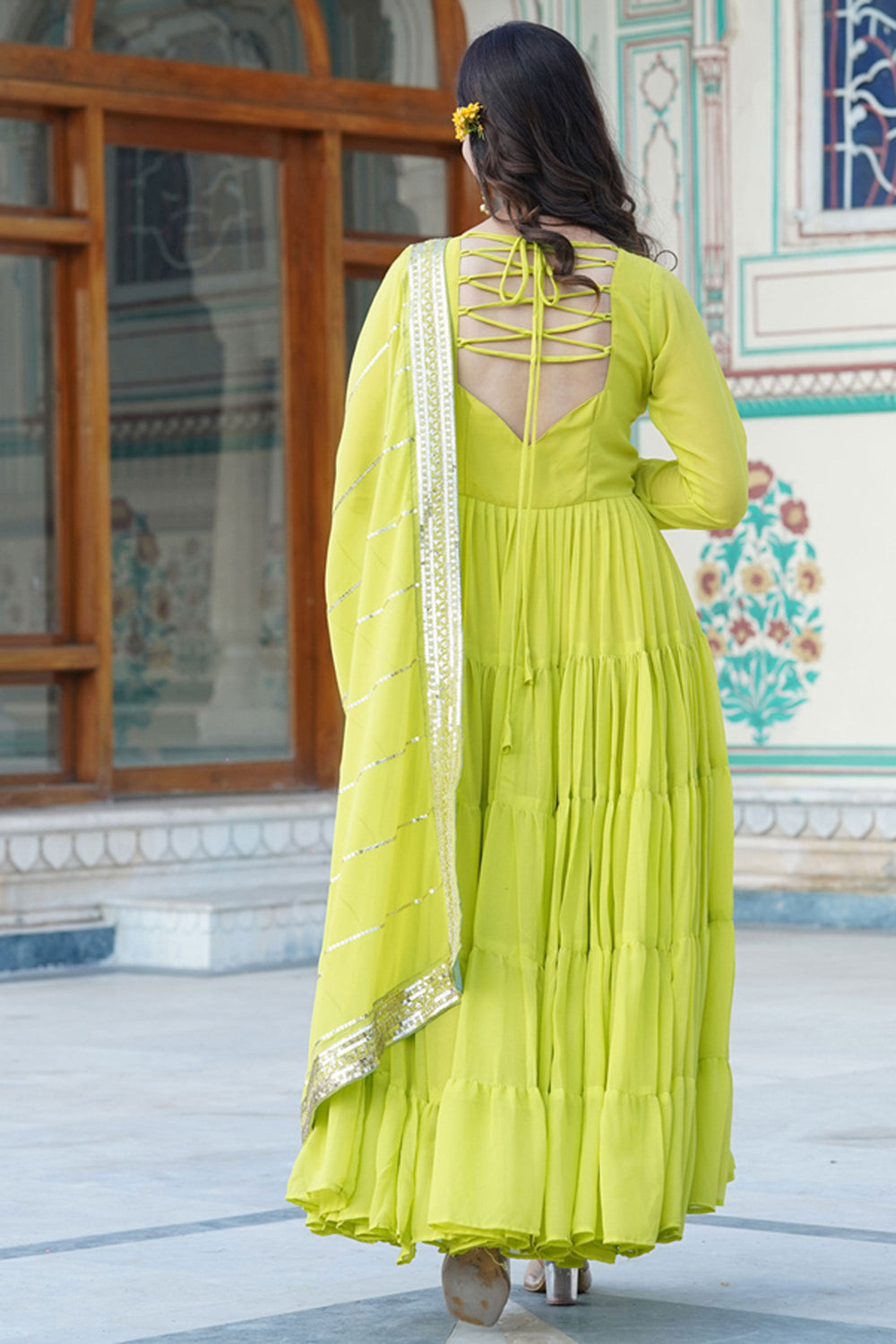 Georgette Fabric Function Wear Luminous Readymade Long Gown In Yellow Color | Buy Online India